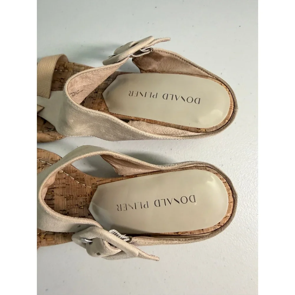 Donald Pliner‎ Ofelia Beige Suede Cork Wedge Sandals Shoes 9.5 Low Heel Buckle